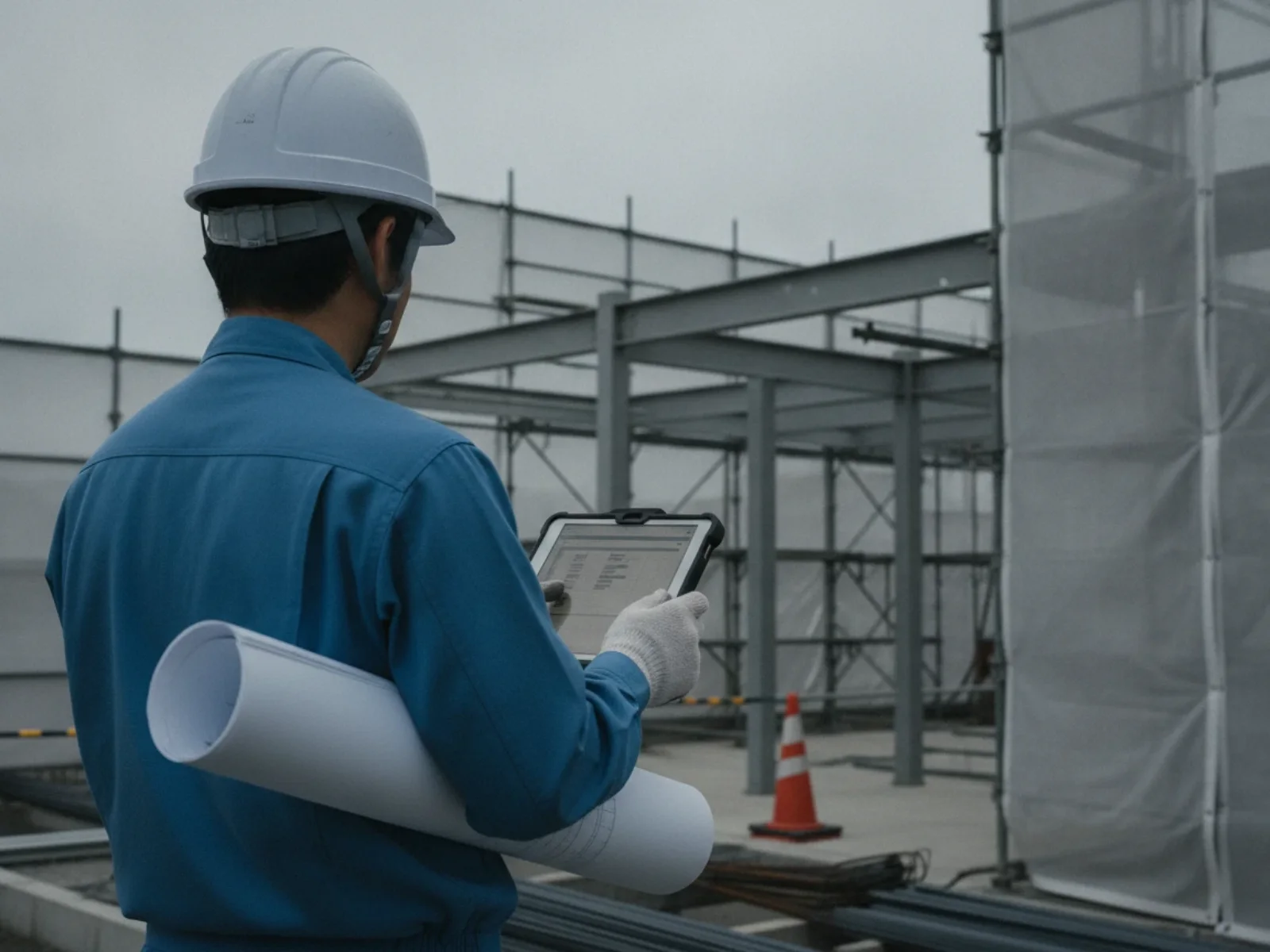 建設現場で図面を抱え、タブレットで工程を確認する作業員の後ろ姿